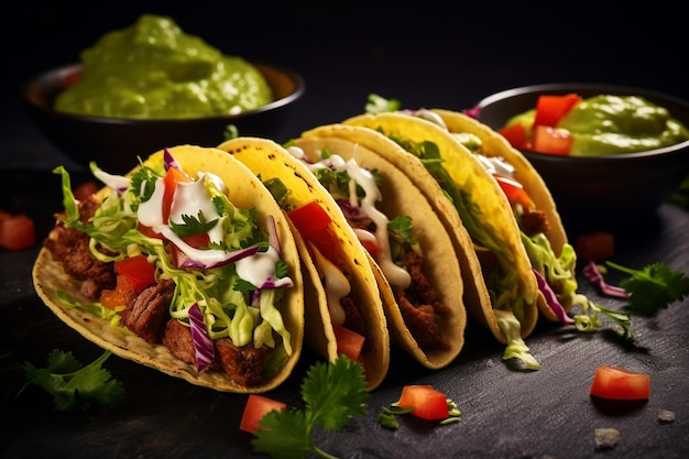 Mexican tacos with beef fresh vegetables and guacamole with salsa sauce on rusty background