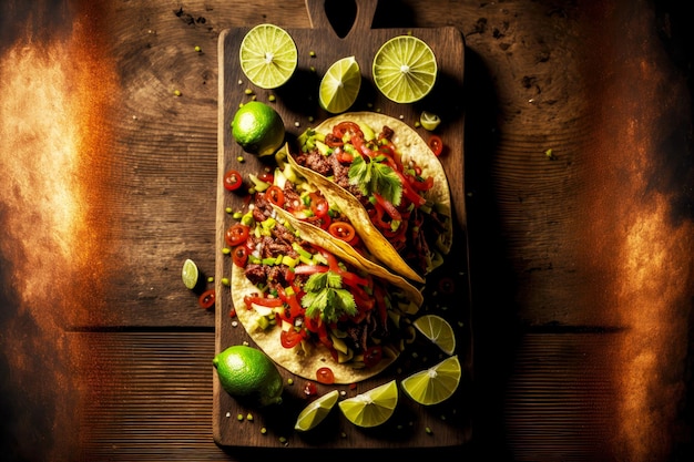 Photo mexican tacos with beef salsa avocado sauce and lime on wooden board