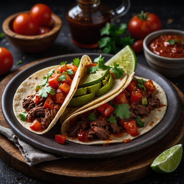 Mexican tacos with beef in tomato sauce and salsa