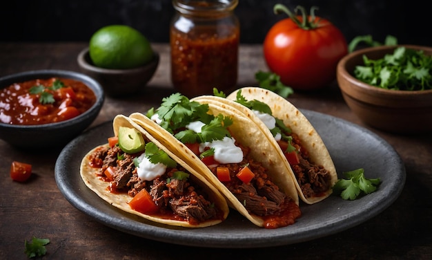 Mexican tacos with beef in tomato sauce and salsa