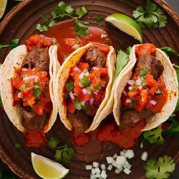 mexican tacos with beef in tomato sauce and salsa