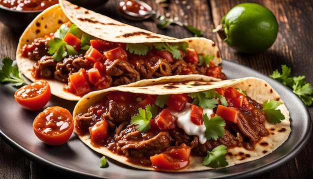 Mexican tacos with beef in tomato sauce and salsa