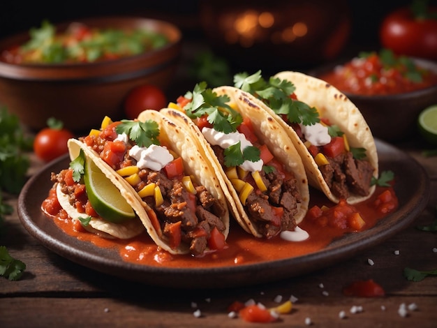 Mexican tacos with beef in tomato sauce and salsa