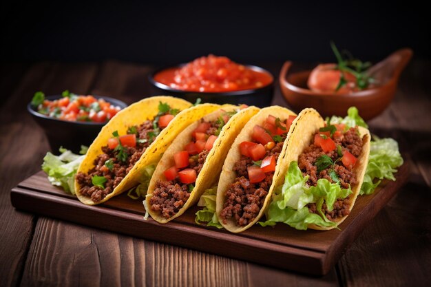 Mexican tacos with beef in tomato sauce and salsa