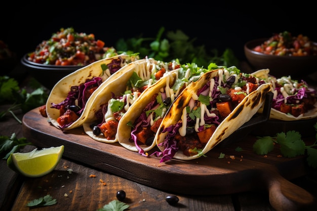 Mexican tacos with coleslaw and guacamole on wooden background