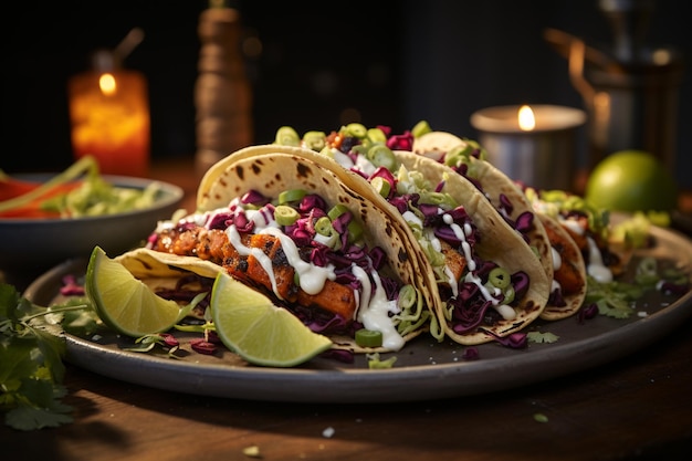 Mexican tacos with coleslaw and guacamole on wooden background