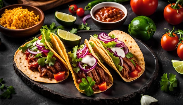 Mexican tacos with meat and fresh vegetables