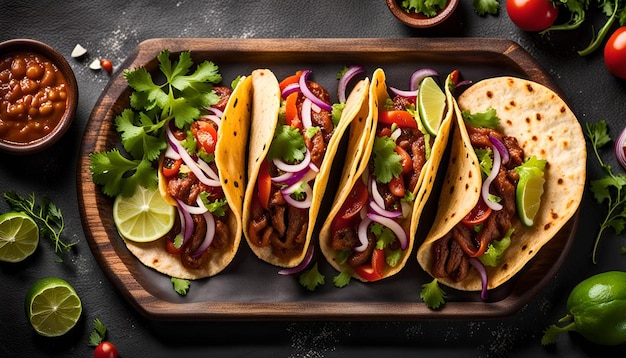 Mexican tacos with meat and fresh vegetables