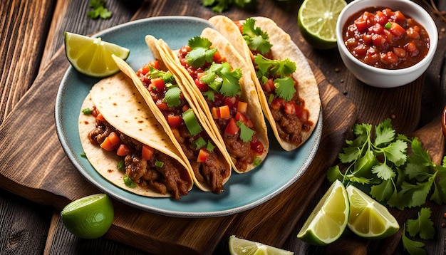 Mexican tacos with meat salsa and guacamole on wooden table