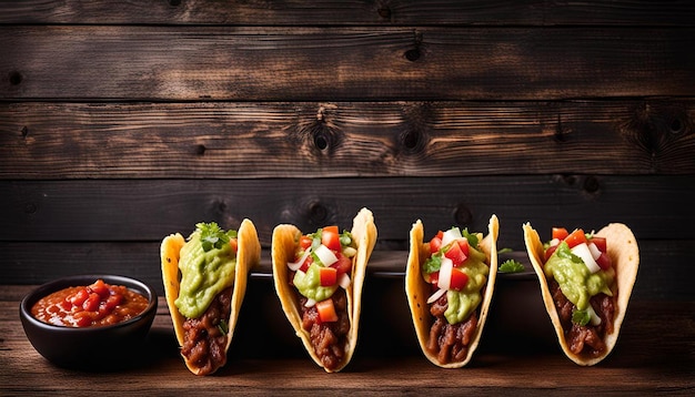 Mexican tacos with meat salsa and guacamole on wooden table