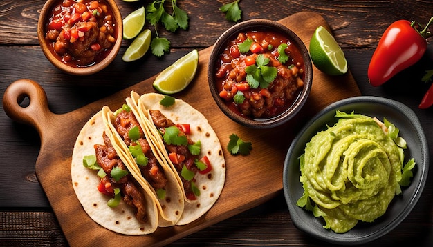 Mexican tacos with meat salsa and guacamole on wooden table