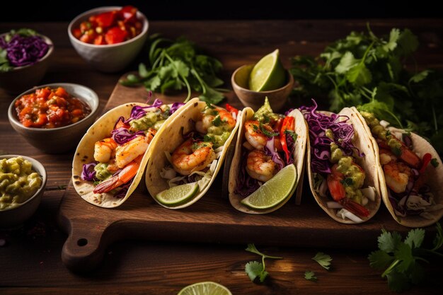 Mexican tacos with shrimpguacamole and vegetables on wooden table