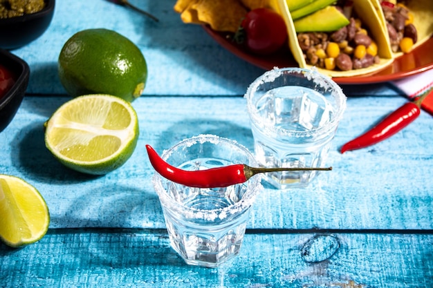 Mexican tequila shots with lime fruit and hot red chili with traditional food corn tacos on the background