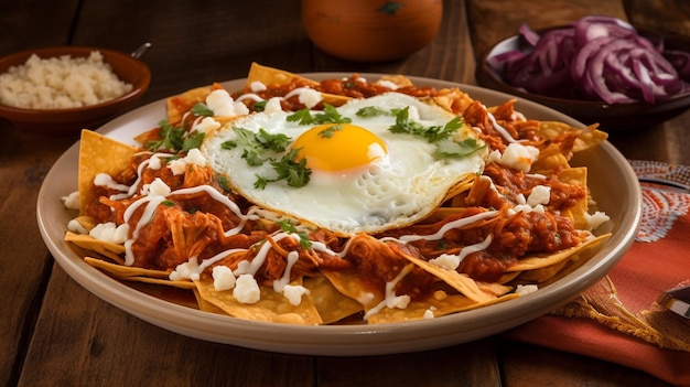 Mexican traditional chilaquiles breakfast Created with Generative AI technology