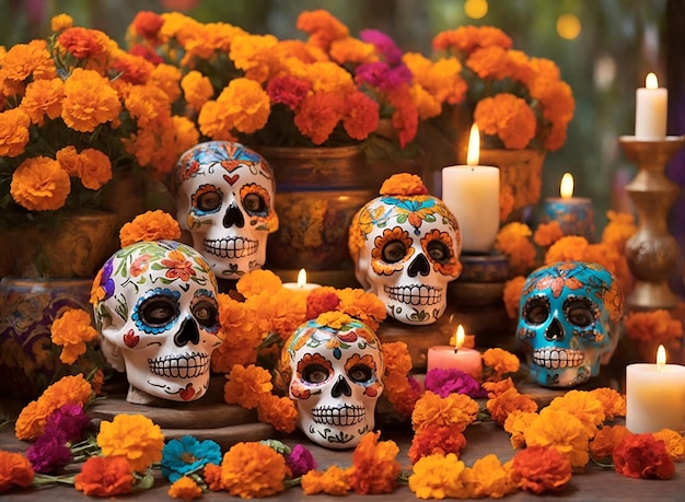 Mexican traditional Day of the Dead table with colorful skulls candles and flowers