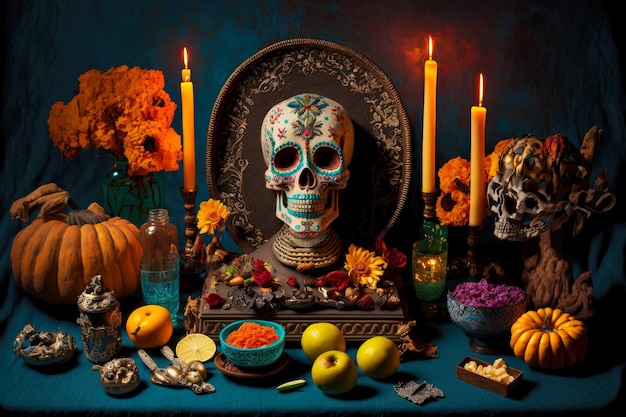 Mexican traditional table with attributes and colored skull with flowers