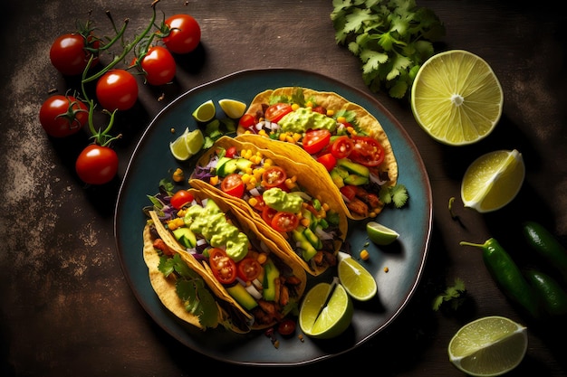 Mexican vegetable tacos for dinner with avocado lime salad and tomatoes