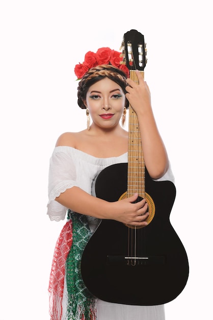 Mexican woman with guitar on white background