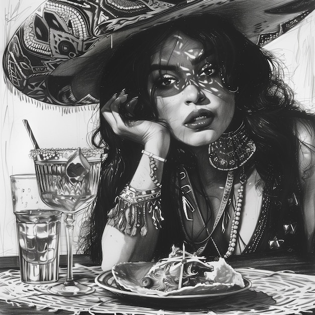 A mexican woman with taco and tequila