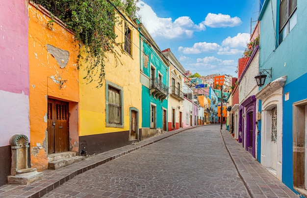 Mexico cobbled streets and traditional colorful colonial  architecture in Guanajuato city center