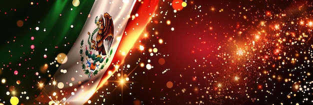 Mexico Independence Day Horizontal banner Mexico flag with fireworks in the background bokeh effect Free space for text copy space Banner Poster Greeting Card