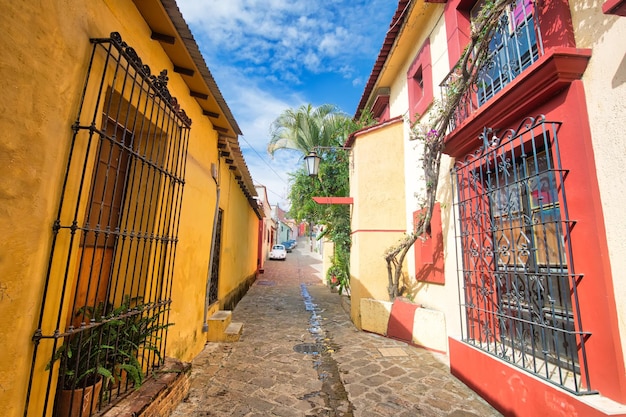 Mexico Oaxaca city Scenic old city streets and colorful colonial buildings in historic city center