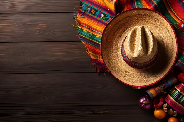 Mexico sombrero and other authentic Cinco de mayo stuff Wooden background