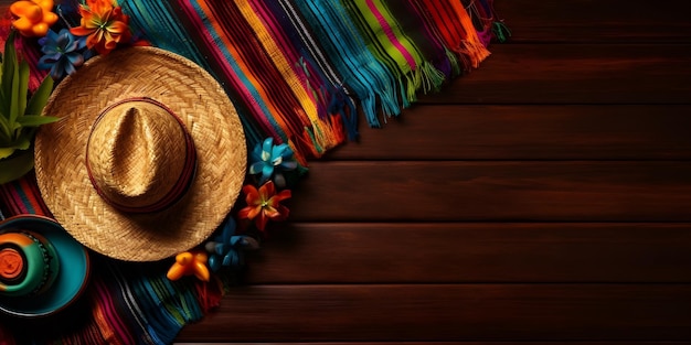 Mexico sombrero and other authentic Cinco de mayo stuff Wooden background