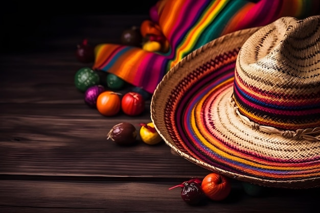 Mexico sombrero and other authentic Cinco de mayo stuff Wooden background