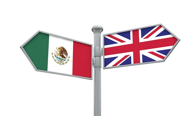 Mexico and United Kingdom guidepost Moving in different directions 3D Rendering