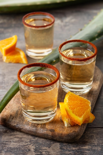 Mezcal Mexican drink with orange slices and worm salt