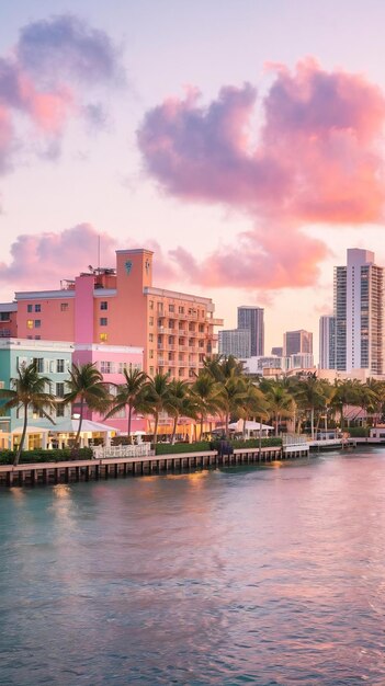 Photo miami beach ocean drive panorama with hotels and restaurants at sunset city skyline with palm trees