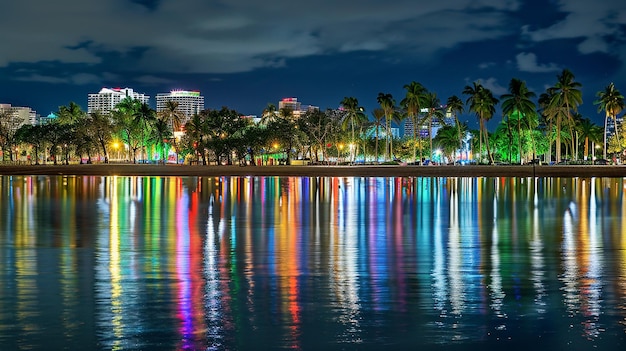 Photo miami beachfront cityscape with colorful lights