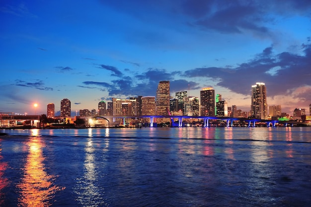 Miami city skyline panorama at dusk with urban skyscrapers and bridge over sea with reflection