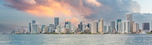 Miami Downtown skyline at sunset with Biscayne Bay