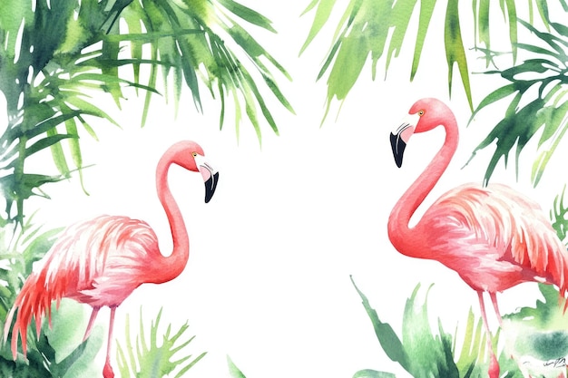 Photo miami invitation watercolor tropical flamingo illustration with green jungle flora