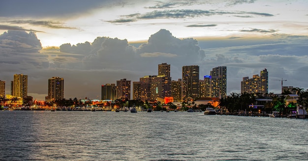 Miami skyline at night  panoramic image Miami downtown