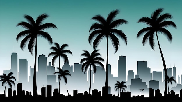 Miami skyline silhouette with palm trees for tropical urban theme