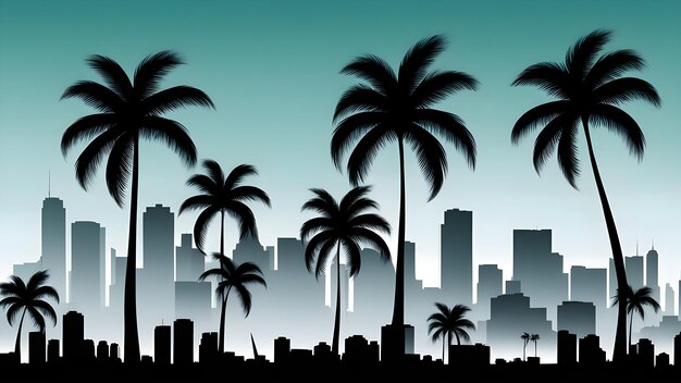 Photo miami skyline silhouette with palm trees for tropical urban theme