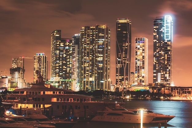 Miami south beach street view with water reflections at night Miami night downtown city Florida