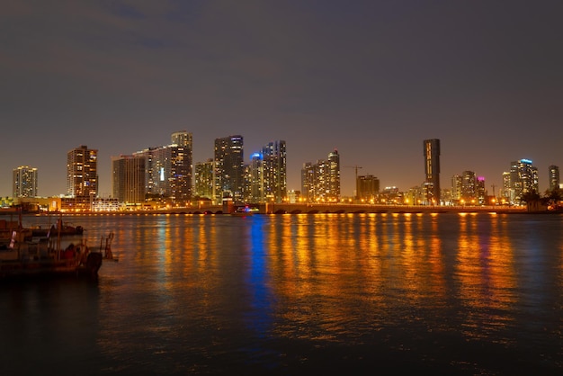 Miami at sunset. Miami Florida, colorful skyline of Macarthur causeway.