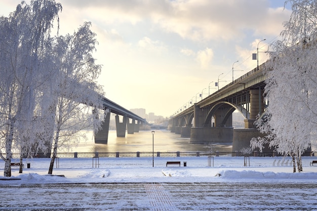 michaels embankment in winter oktyabrsky bridge and metro bridge across the ob