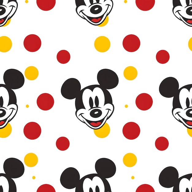 Mickey Mouse seamless pattern with red yellow and orange dots on a white background