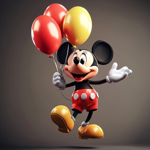 mickey mouse with balloons in the background