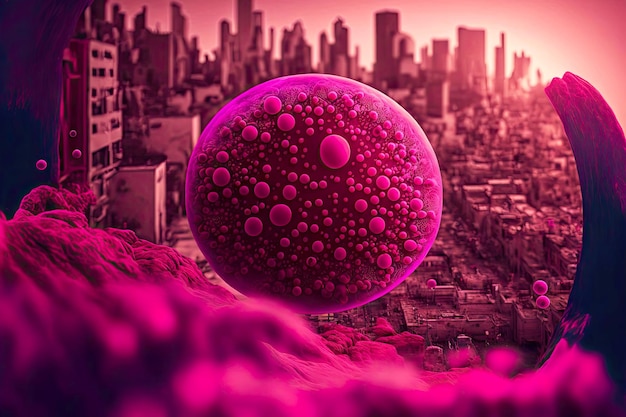 Microbes in form of bright pink colonies cute bacteria are flying in city generative ai