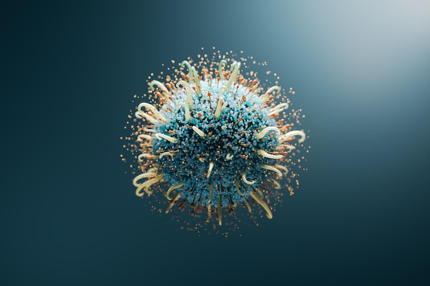 Microbilology and health risk concept with closeup of abstract realistic blue and light yellow virus cell on dark backlit background 3D rendering