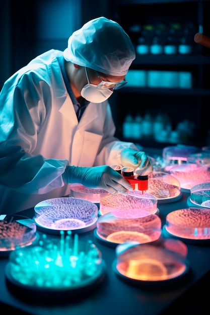 Microbiologist in the laboratory examines petri dishes Selective focus