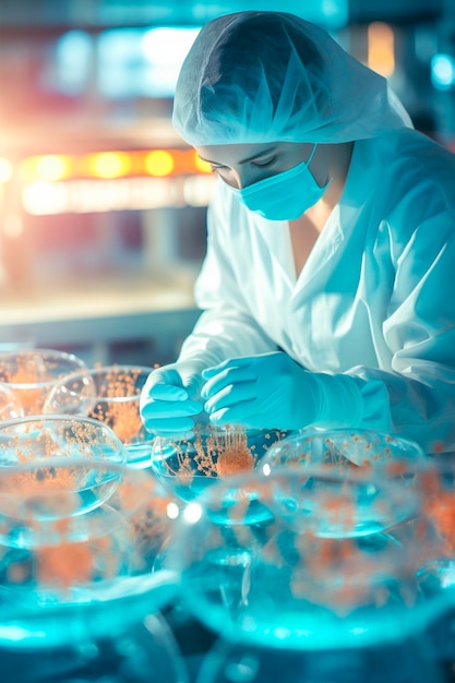 Microbiologist in the laboratory examines petri dishes Selective focus