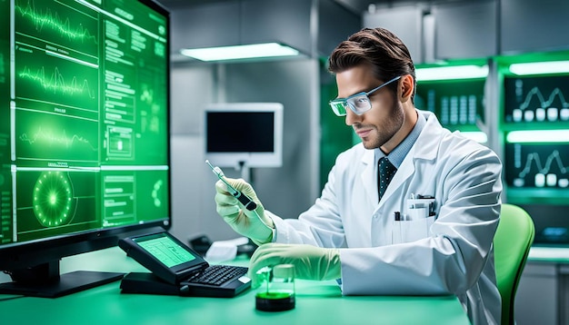 Microbiologist working on notepad with green chroma key display in modern equipped lab