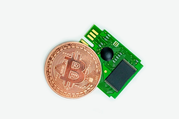 Microchip mining for virtual coin growth. Close up of bitcoin cryptocurrency